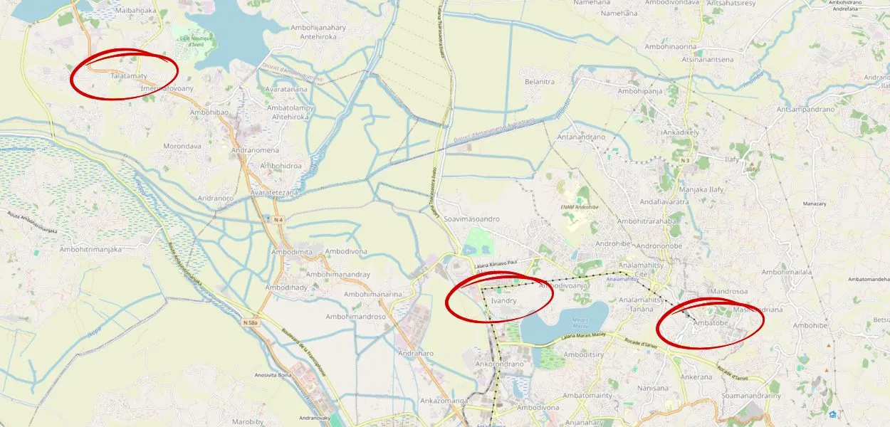 Carte des quartiers résidentiels d'Antananarivo : Ivandry, Ambatobe et Talatamaty.